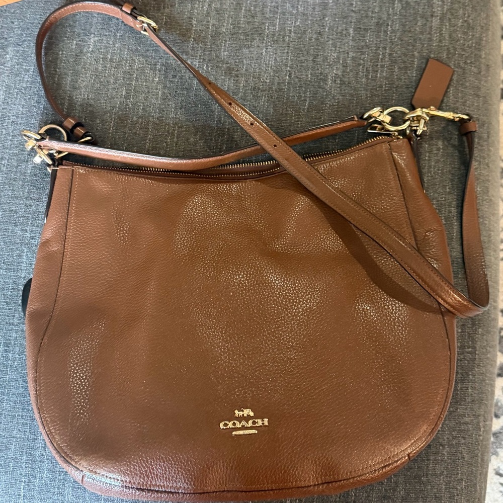 Coach Elle Hobo Pebbled Leather Shoulder Bag in Cognac Brown with Gold Hardware